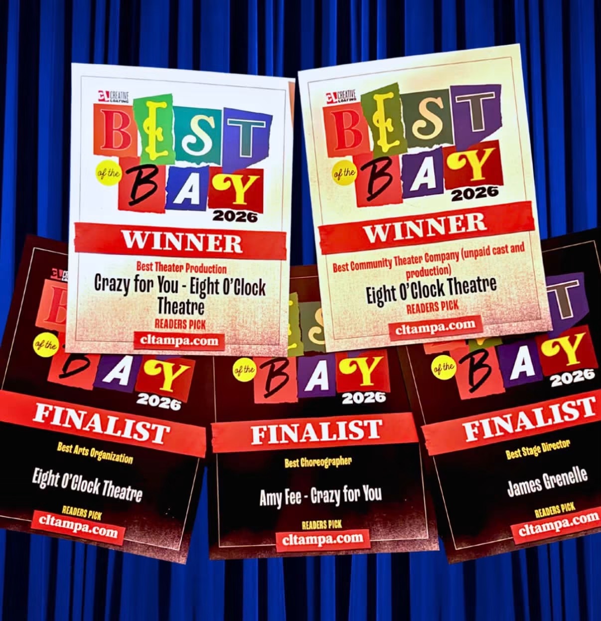 Creative Loafing Best of the Bay 2026 certificates: two winner and three finalist awards for Eight O'Clock Theatre